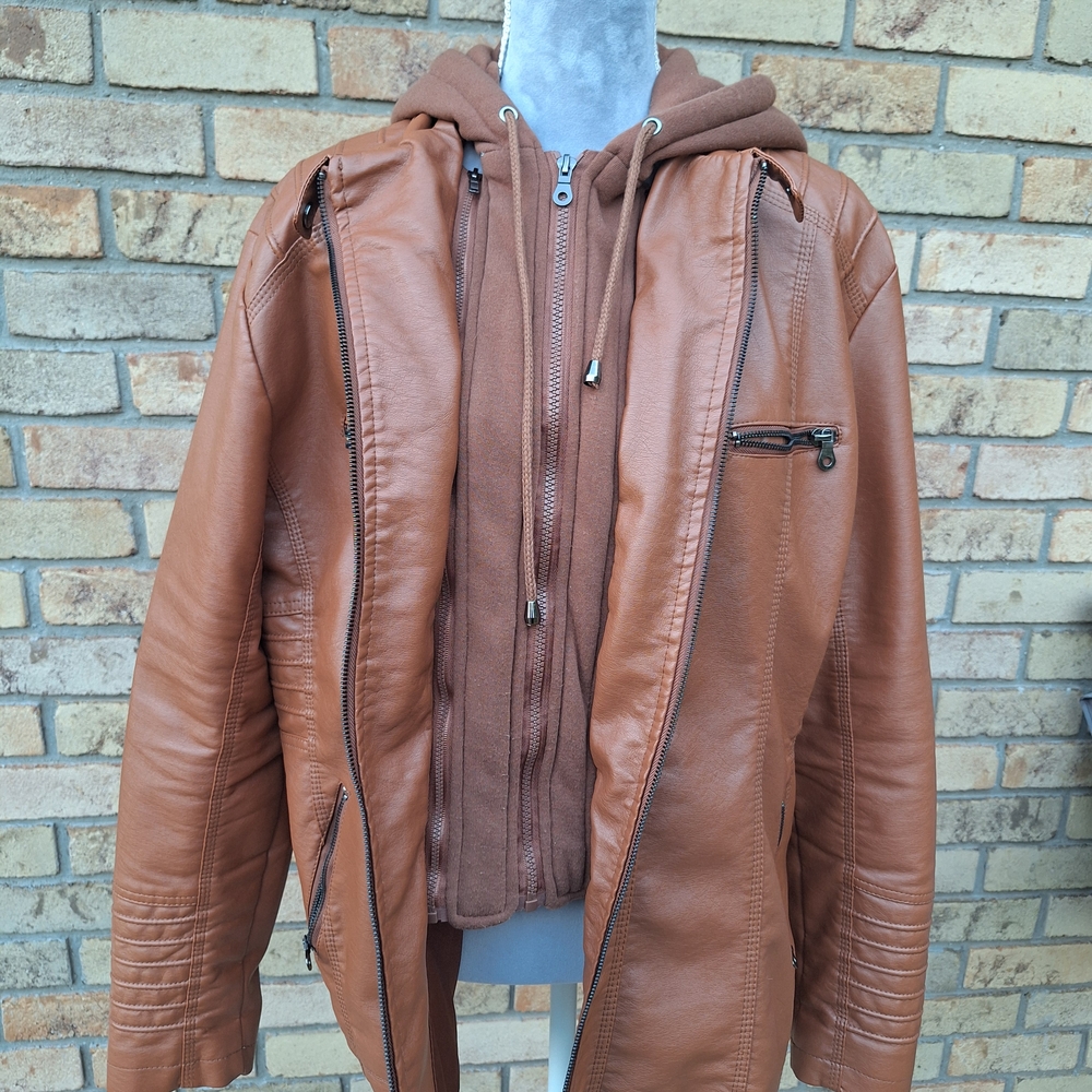 2X/3X Brown Biker Bomber Moto Jacket with Removable Hoodie Detail